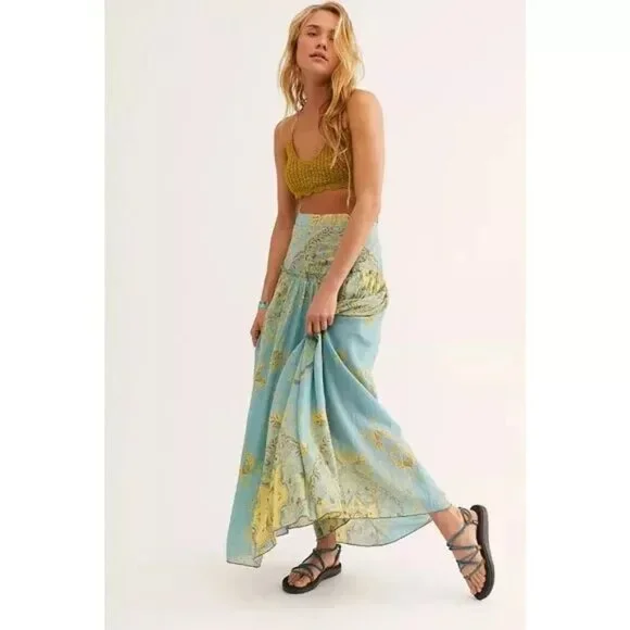 FREE PEOPLE Farrah Maxi Skirt Floral Boho Drop Waist Partially Lined - Picture 2 of 10